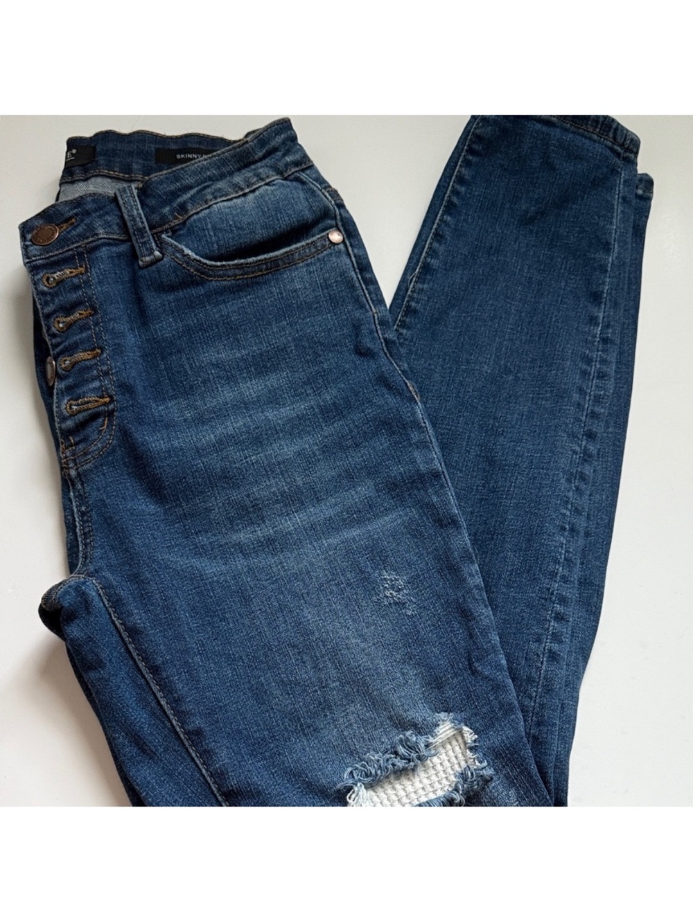 Judy Blue Thermal Patch Distressed Dark Blue Button Fly Skinny Women's Jeans
